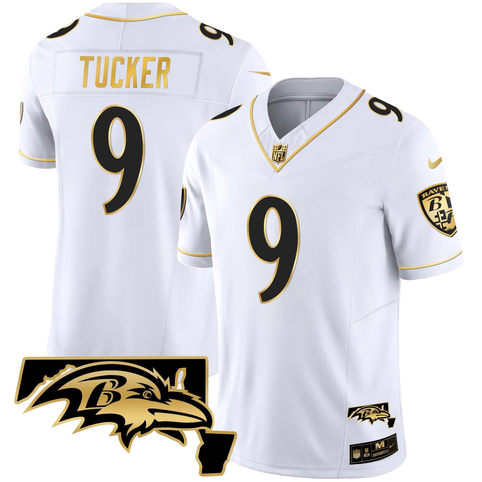 Men Baltimore Ravens #9 Tucker White Gold 2024 Nike Maryland Patch Vapor Limited NFL Jersey->indianapolis colts->NFL Jersey